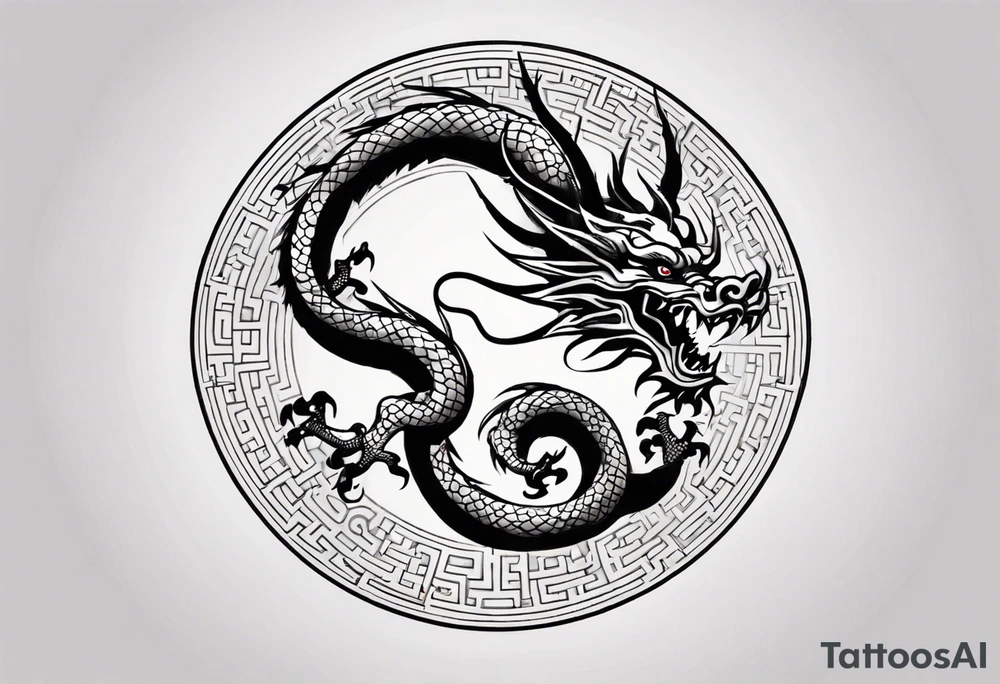 Chinese dragon in a circular shape with "02.03" written on its skin tattoo idea
