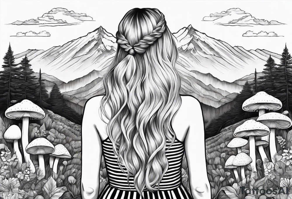 Straight long blonde hair girl holding mushrooms in hand facing away toward mountains surrounded by mushrooms black and white striped dress tattoo idea