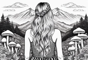 Straight long blonde hair girl holding mushrooms in hand facing away toward mountains surrounded by mushrooms black and white striped dress tattoo idea