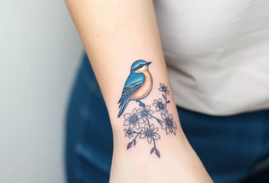 Bluebird with wild flowers tattoo idea