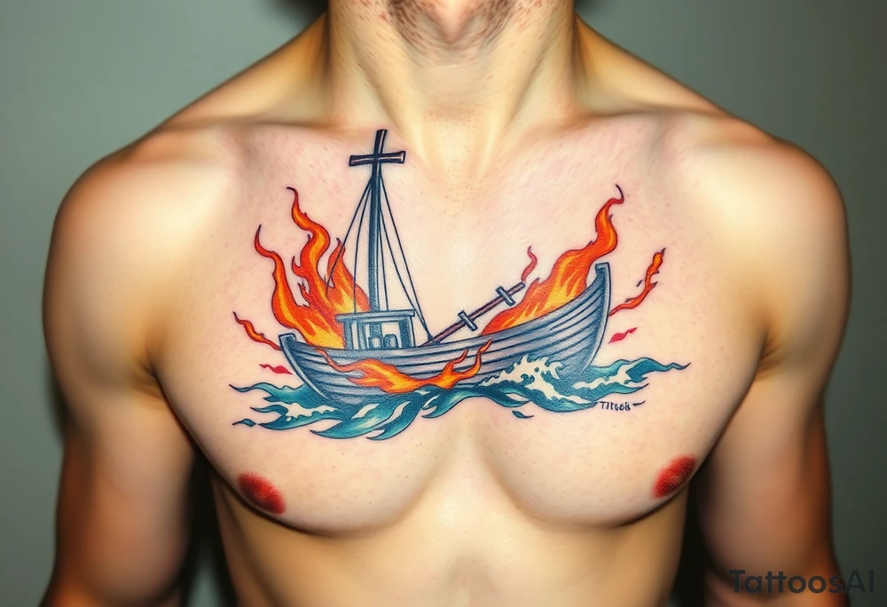 Boat on fire with cross as mast. Water colour tattoo idea