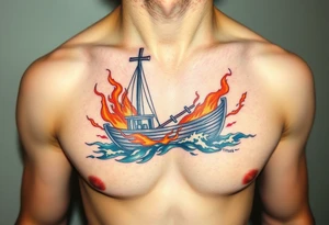 Boat on fire with cross as mast. Water colour tattoo idea