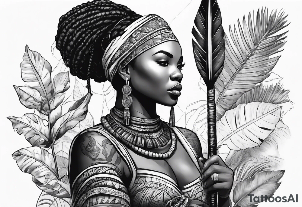 African woman warrior holding spear with deadlocks and earrings. With leafs and brids and Elephant in the background tattoo idea