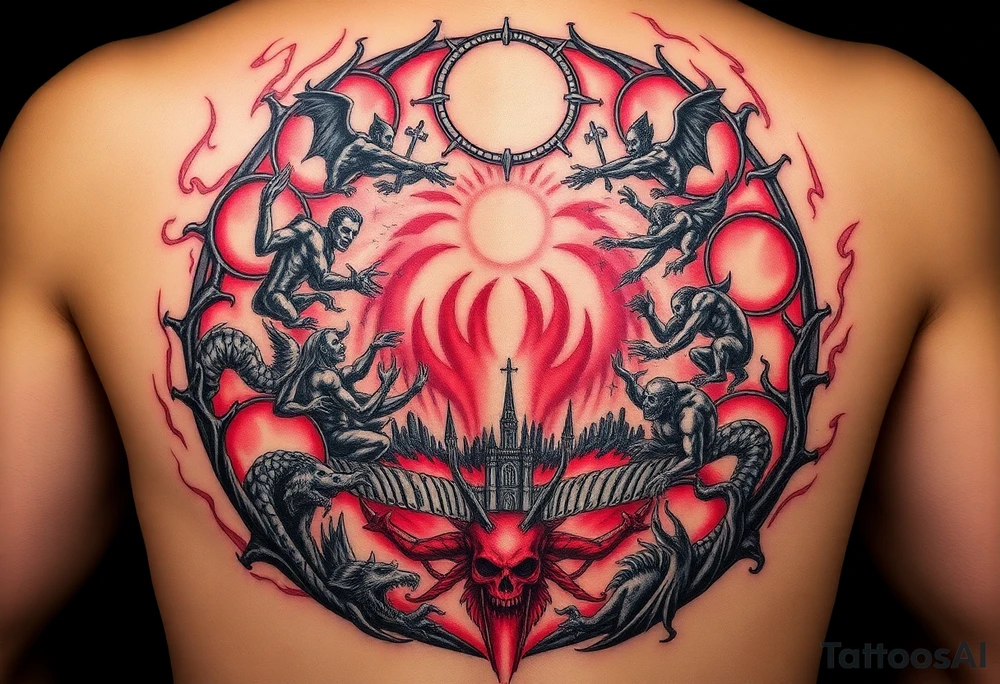 Dante 9 circles of hell full back tattoo

Limbo: Virtuous unbaptised souls wander in a melancholic, castle-like realm without torment.
Lust: Sinners are tossed eternally in violent storms symbolizing uncontrolled passions.
Gluttony: Souls lie in filthy slush under ceaseless rain, guarded by Cerberus.
Greed: Hoarders and spendthrifts push boulders against each other in futile conflict.
Anger: Wrathful fight on the surface of the Styx; sullen gurgle below in the mud.
Heresy: Heretics burn in flaming tombs for denying immortality.
Violence: Divided into sub-rings for violence against others, self, and nature (e.g., boiling blood, harpies).
Fraud: Ten ditches (bolge) for various deceivers, tormented by demons, serpents, and diseases.
Treachery: Traitors frozen in ice, with Satan at the center chewing the worst betrayers. tattoo idea