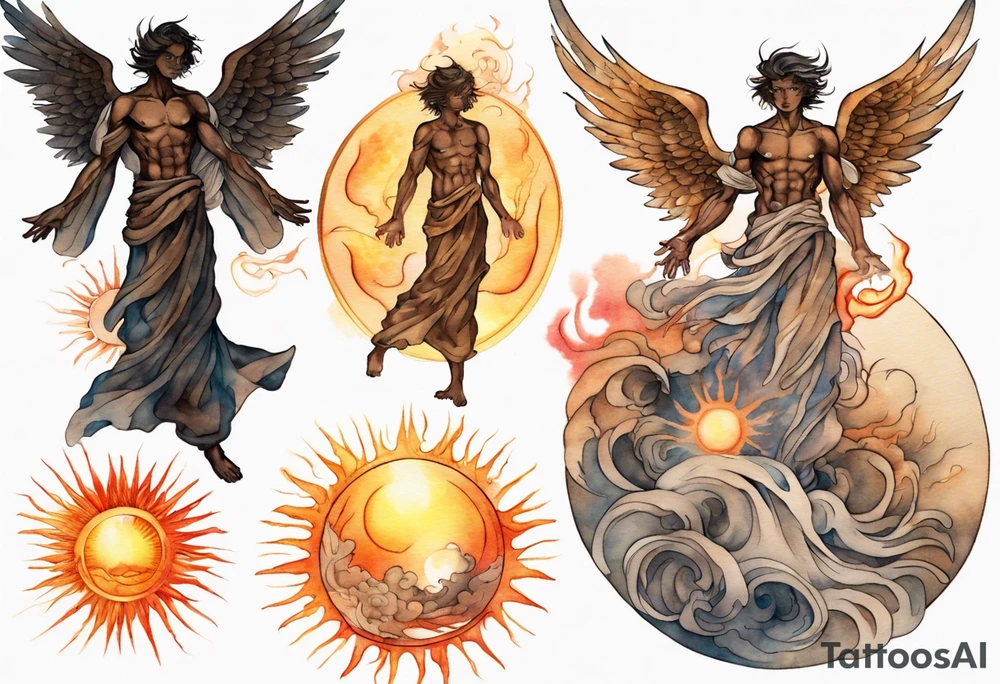 a solitary bronze skinned male angel with glowing eyes in front of a blazing sun tattoo idea
