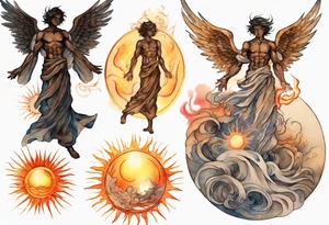 a solitary bronze skinned male angel with glowing eyes in front of a blazing sun tattoo idea
