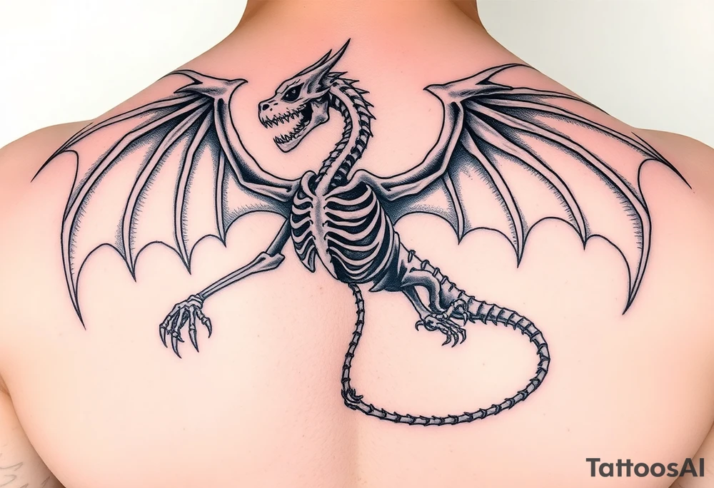 powerful majestic medieval skeleton dragon with arms and legs and wings tattoo idea