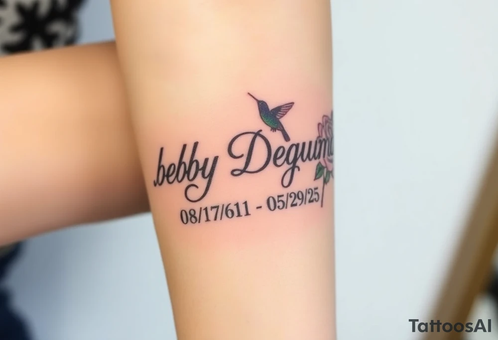 Tattoo of the exact name Debby Deguzman in chunky bold curly cursive with the exact dates of 08/17/61-05/29/25 surrounded by 1 hummingbird and 1 rose tattoo idea