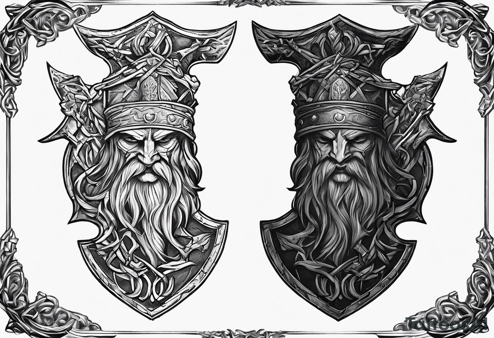Valhalla sword shield axe barbed wire tattoo idea