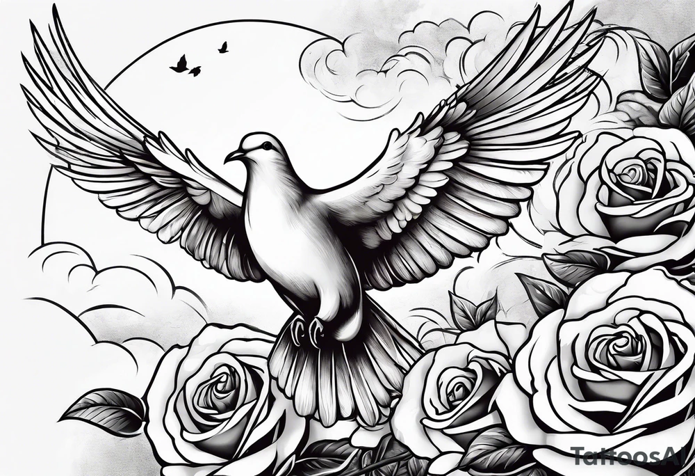 A dove flying through the clouds with roses intertwined in its wings tattoo idea