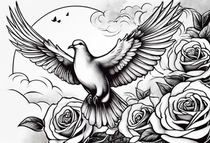 A dove flying through the clouds with roses intertwined in its wings tattoo idea