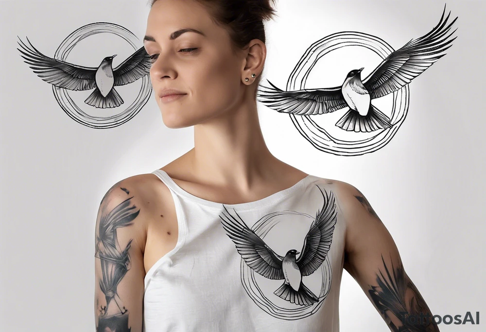 shoulder tattoo with light rays with birds flying free among the clouds, round shape, with gradient ends tattoo idea