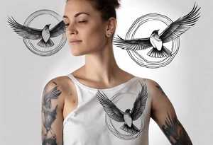 shoulder tattoo with light rays with birds flying free among the clouds, round shape, with gradient ends tattoo idea
