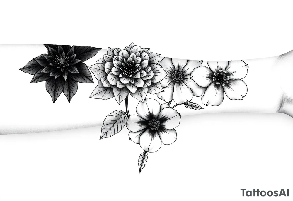 Design a detailed and artistic forearm tattoo featuring four symbolic flowers. Start with a dark, intense Black Dahlia at the upper part of the forearm, representing madness, with bold, sharp petals for a dramatic effect. Transition into a strong and structured Oakleaf Hydrangea to symbolize masculinity and resilience, with distinct oak-shaped leaves. Below it, integrate a delicate Anemone with soft petals and a dark center to symbolize searching and longing. Finish with a serene and elegant White Camellia near the wrist, symbolizing peace and purity. The design should flow naturally along the forearm, with the flowers gradually blending into one another. Use intricate linework, fine details, and a balance of dark and light shading to reflect the journey from madness to peace. The overall style should be realistic with a hint of abstract elements, enhancing the emotional narrative of the piece." tattoo idea