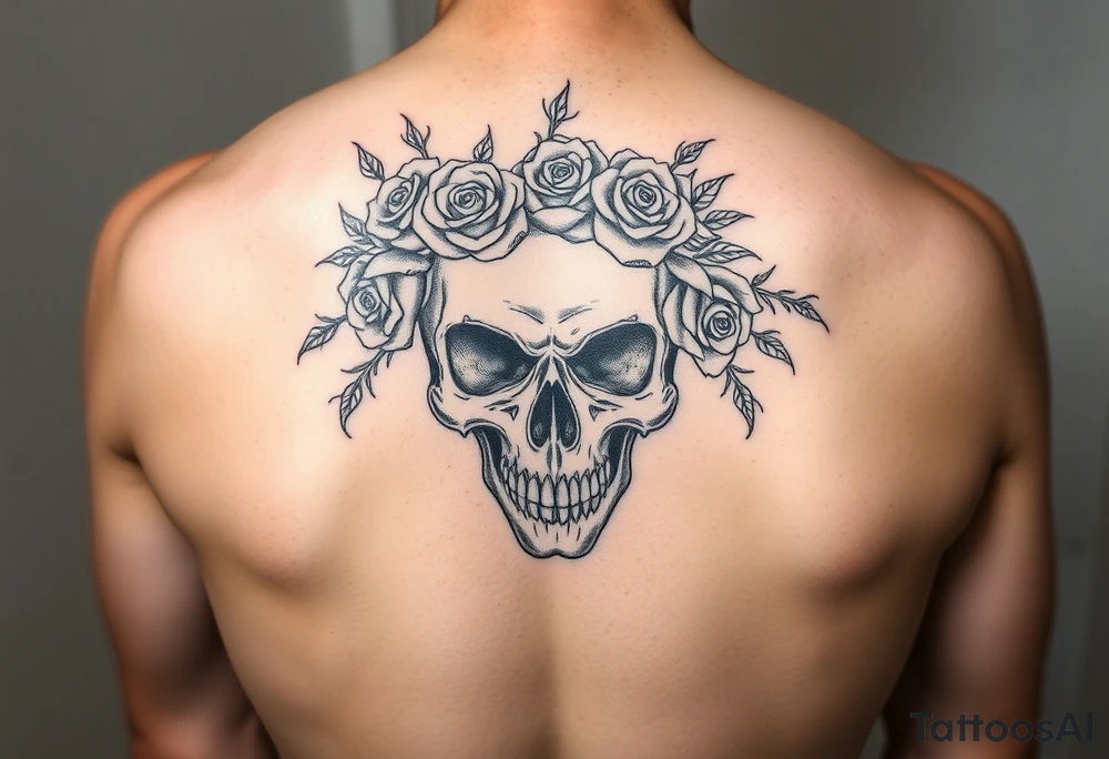 ornate skull adorned with crown of wild roses and thorns tattoo idea