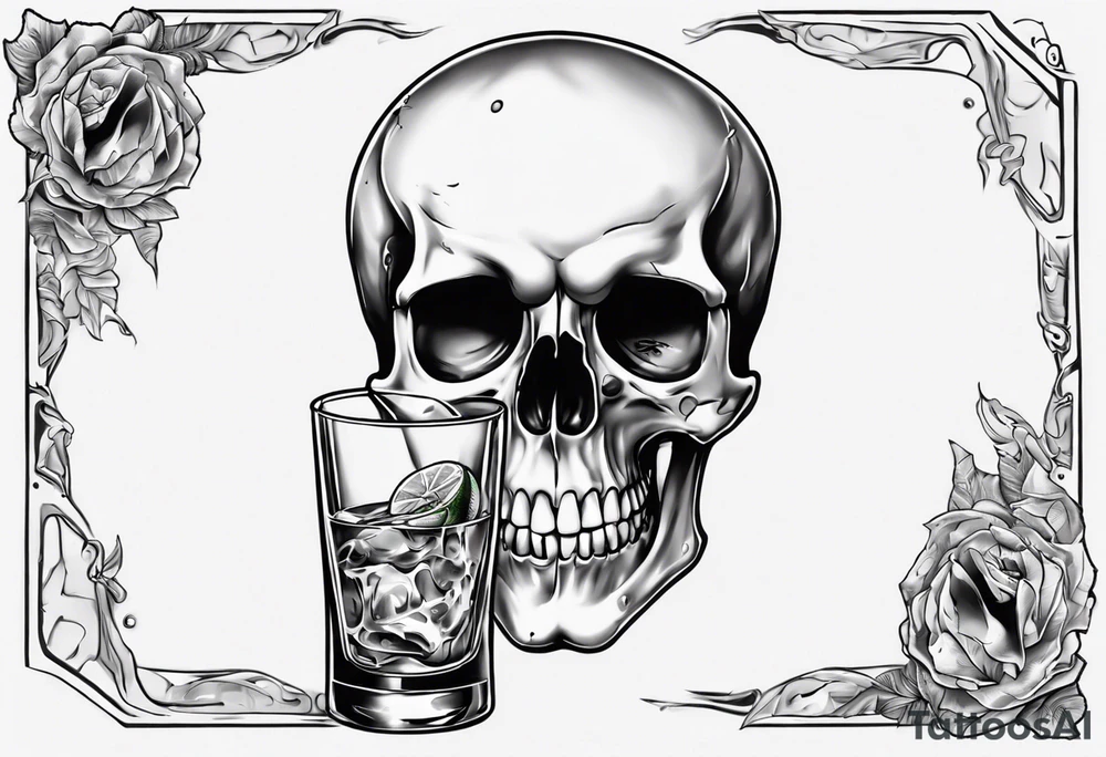 A happy, looking to the left scull inside the glass with alcohol and piece of lime tattoo idea