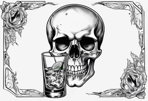 A happy, looking to the left scull inside the glass with alcohol and piece of lime tattoo idea