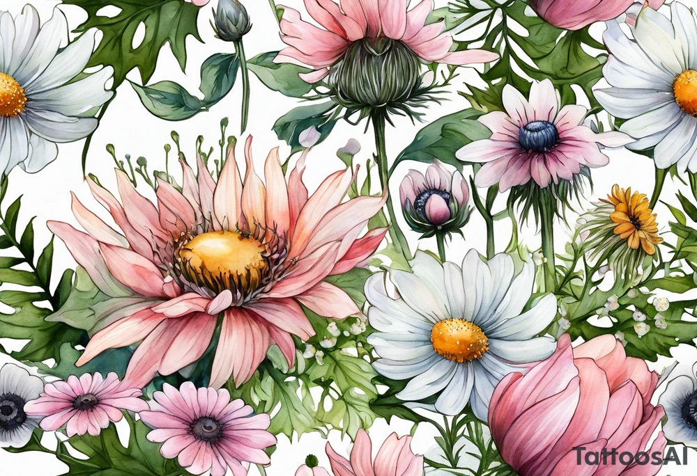 an oval of wildflowers cascading with thistles, ferns, white anemones, sun flowers, buttercups, pink flowers, babys breath and daisies all in watercolor tattoo idea