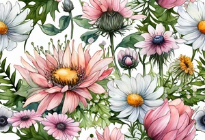 an oval of wildflowers cascading with thistles, ferns, white anemones, sun flowers, buttercups, pink flowers, babys breath and daisies all in watercolor tattoo idea