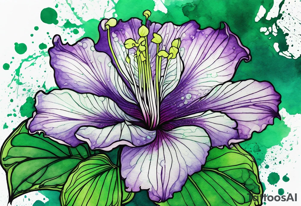 A mystical outline of a green rio dipladenia flower and a green/purple watercolor splatter in the background tattoo idea