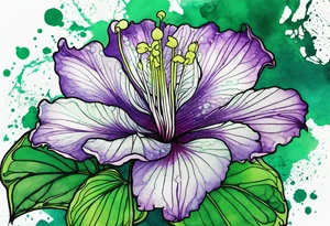 A mystical outline of a green rio dipladenia flower and a green/purple watercolor splatter in the background tattoo idea