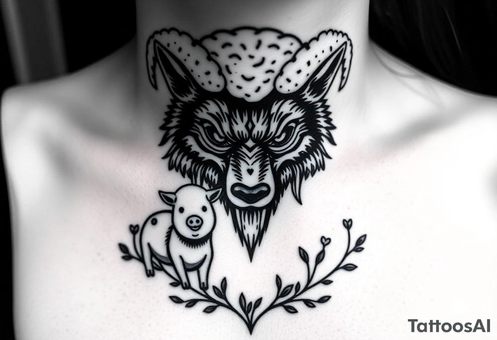 Big bad wolf nursery rhyme wearing a sheep costume with sheep head hood to kill and eat the three little pigs and little red riding hood in the woods tattoo idea