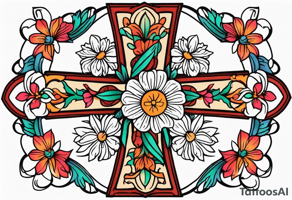 plain cross surrounded and intertwined
 with flowers colorful tattoo idea