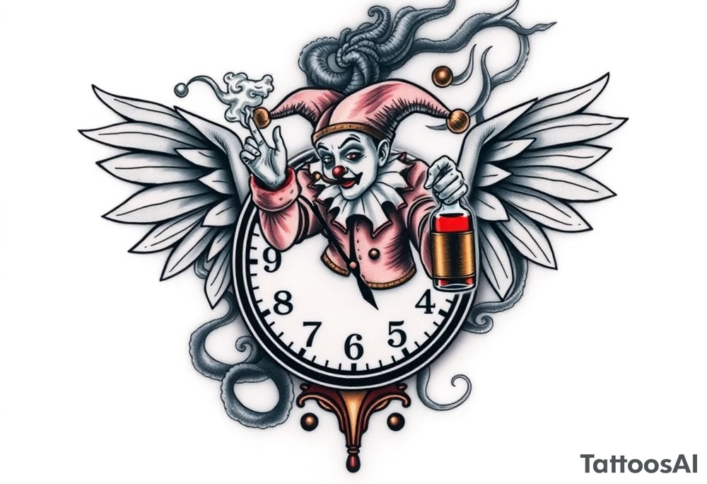 a jester clown floating in smoke with a  clock, the time says 420,  with two open wings besides the clock, smoke as the spring rising from the clock, a jester clown coming out the smoke, smoking in one hand with a liquor bottle on the other hand tattoo idea