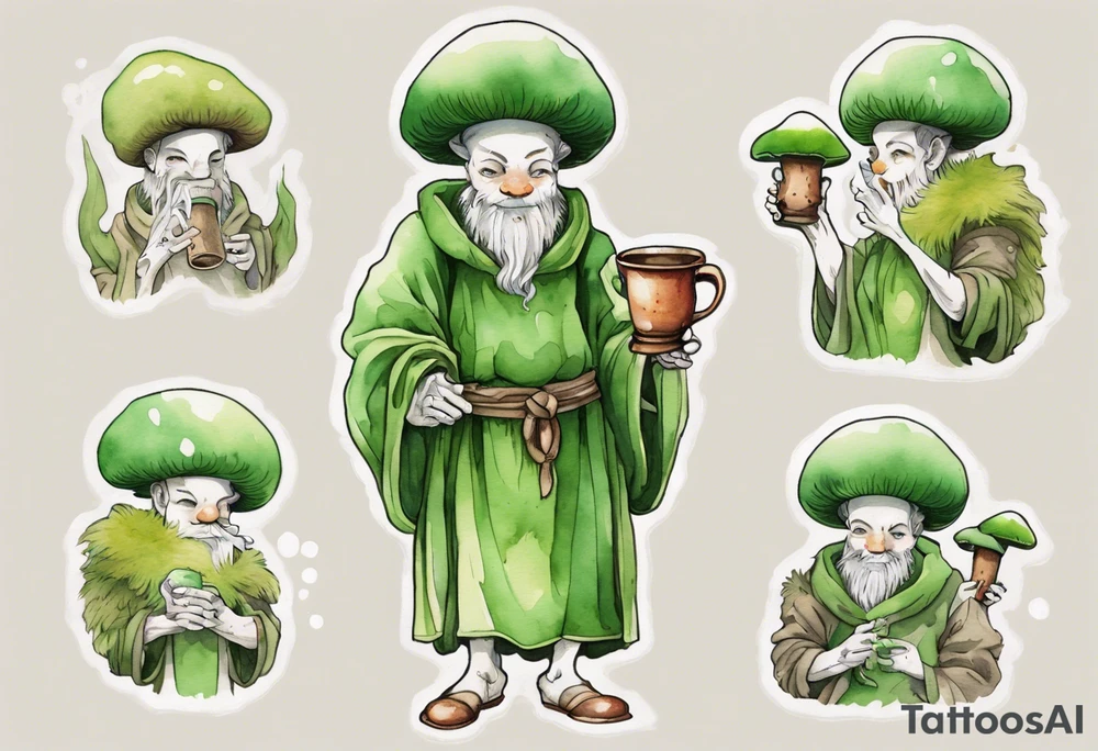 a mushroom person with a smiling green furry face wearing a medieval tunic drinking from a wood cup tattoo idea