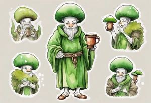 a mushroom person with a smiling green furry face wearing a medieval tunic drinking from a wood cup tattoo idea
