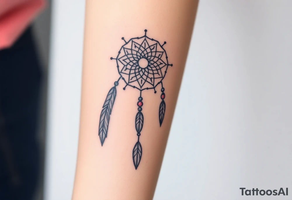 native dreamcatcher with flowing feathers and sacred beads tattoo idea