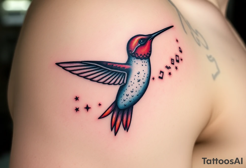 A hummingbird leaving a trail of glowing hieroglyphs as it flies(only red , blue and black are possible colors) tattoo idea