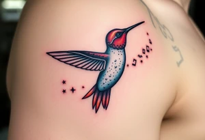 A hummingbird leaving a trail of glowing hieroglyphs as it flies(only red , blue and black are possible colors) tattoo idea