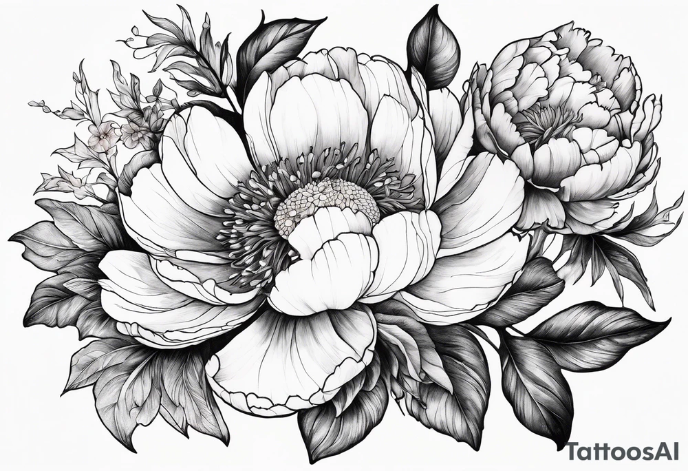 peony, calendula, sunflower, tulip, cherry blossom and ginko leaf tattoo idea