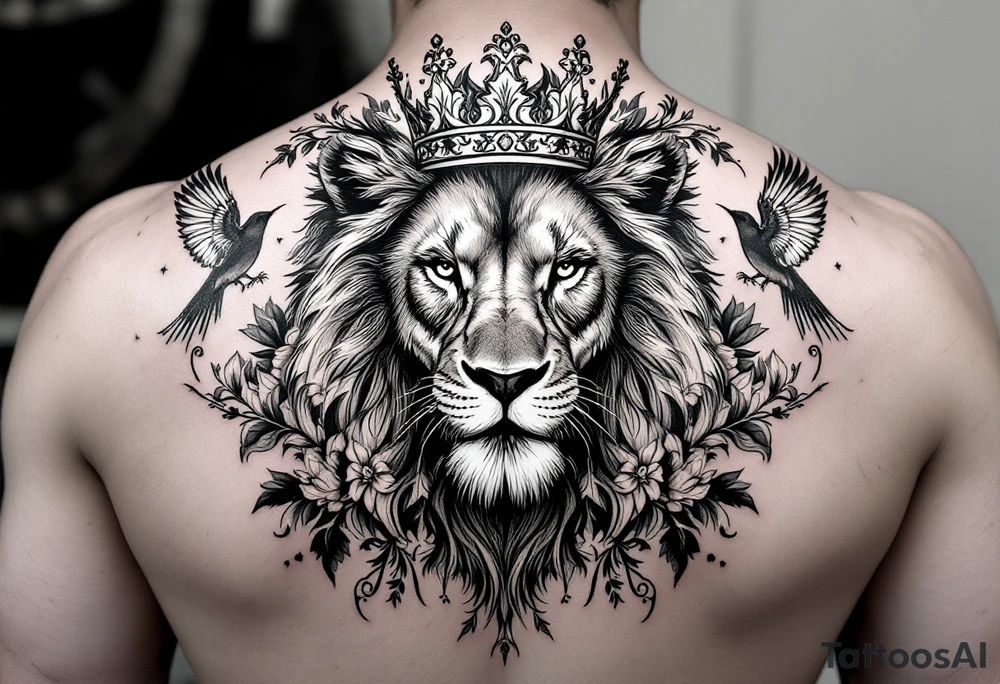 powerful majestic lion with a crown, surrounded by floral ornaments and birds tattoo idea