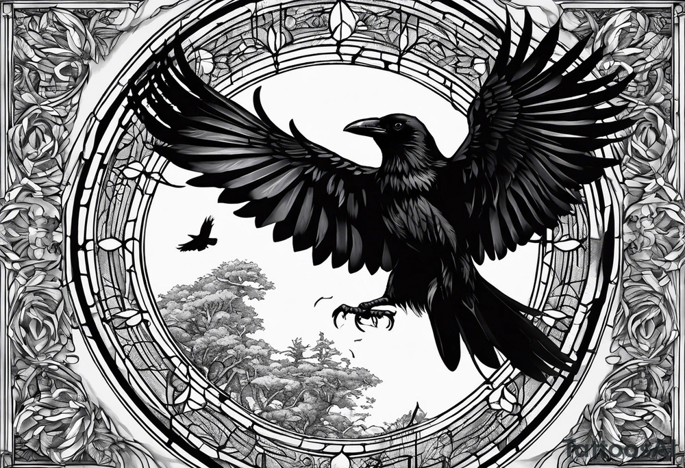 Crow with wings spread out, preached on top of a circle window with the words Time doesn’t heal anything, it just teaches us how to live with the pain tattoo idea