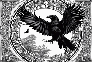 Crow with wings spread out, preached on top of a circle window with the words Time doesn’t heal anything, it just teaches us how to live with the pain tattoo idea