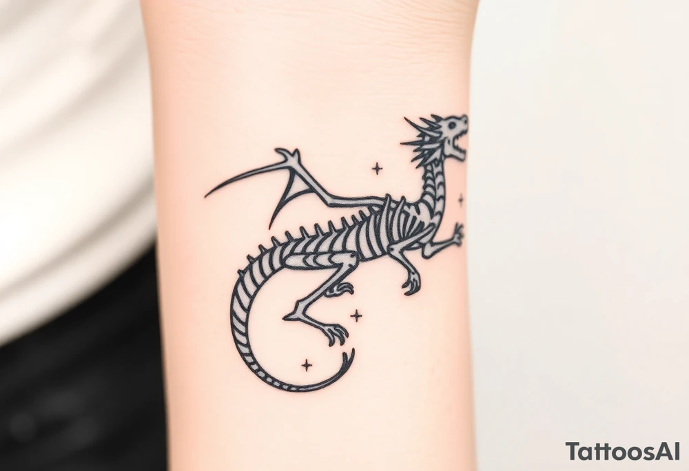 Tattoo for stardust dragon from yo gi oh 
A modern, minimalist approach using very thin black lines to outline the dragon's skeleton, surrounded by small geometric circles representing cosmic orbits or Synchro rings.
Key Feature: High precision and a clean, sophisticated look. tattoo idea
