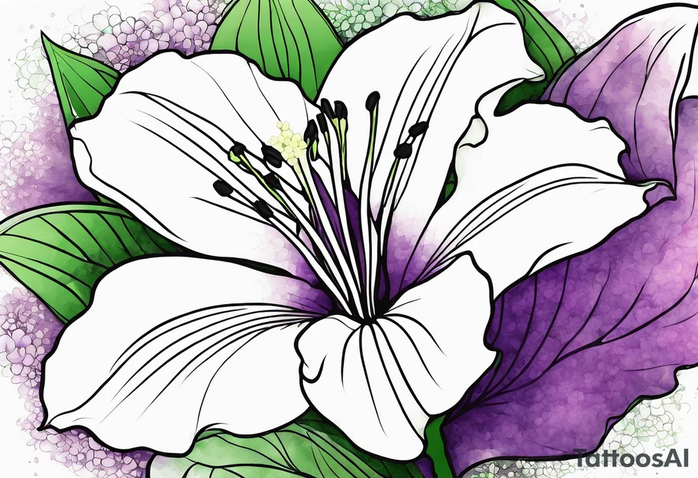 An outline of a rio dipladenia flower with a green and purple watercolor background tattoo idea