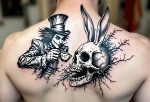 The mad hatter pouring tea on the white rabbit with an open skull tattoo idea