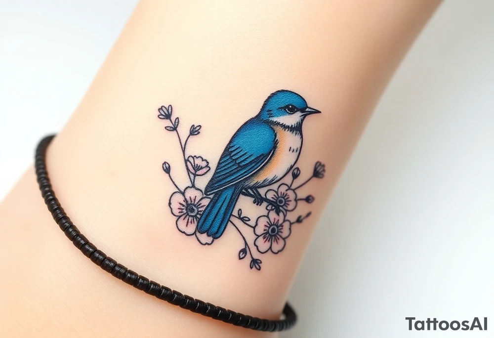Puffy bluebird surrounded by wild flowers tattoo idea
