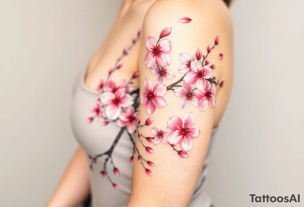 delicate cherry blossoms swirling in spring breeze with petals tattoo idea