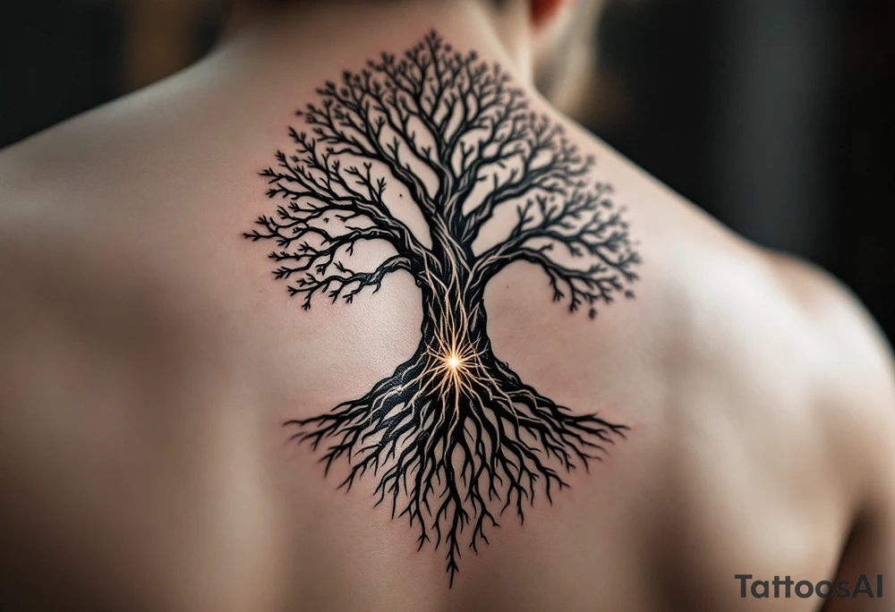 mystical tree of life with cosmic roots and celestial branches tattoo idea