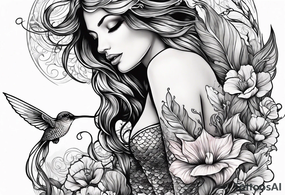 Mermaid holding hummingbird tattoo idea