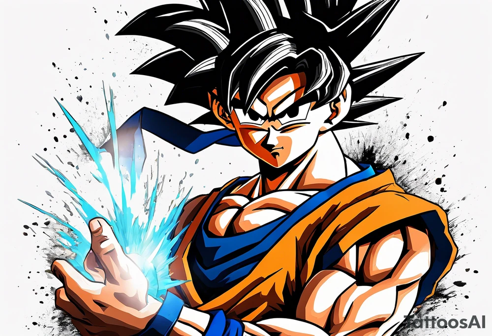 paint son goku as a super saiyajin 2, doing a kamehameha. sourround him by his friends and his family. all of them are displayed as a papercut tattoo idea