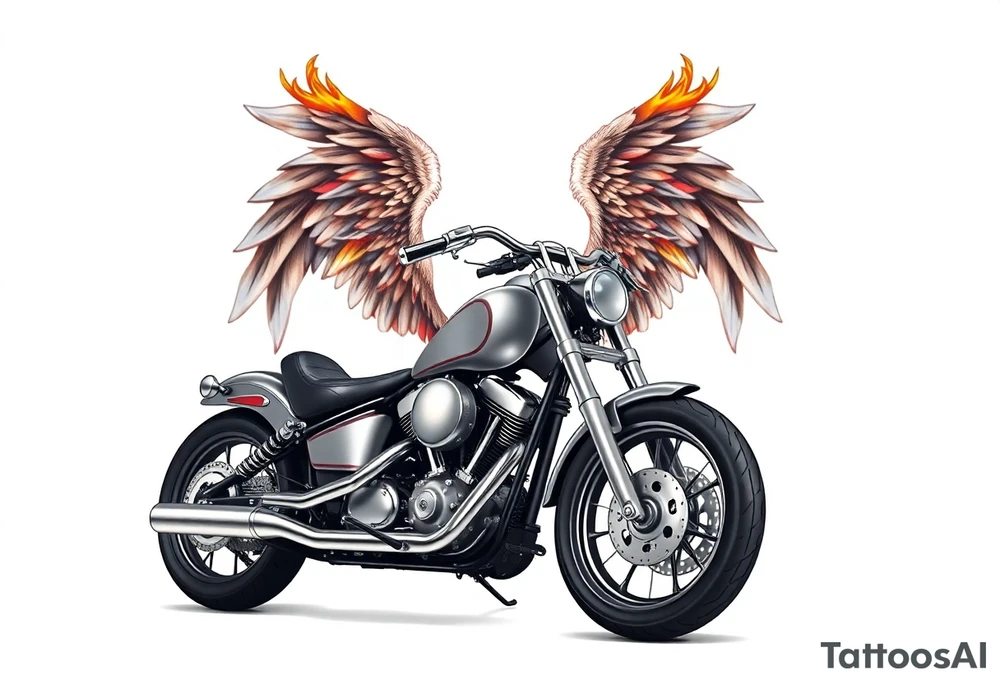 Low rider grey motorcycle, big muffler pipes with flames, angel wings tattoo idea