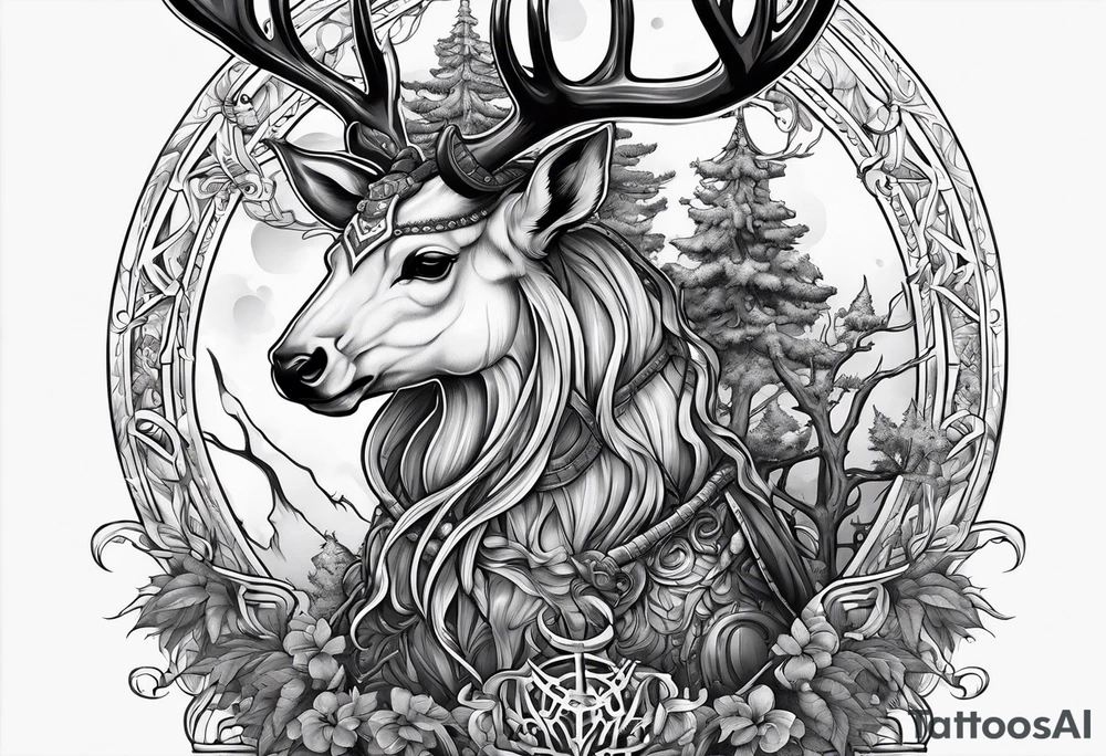 Hooded figure riding on a reindeer skeleton tattoo idea