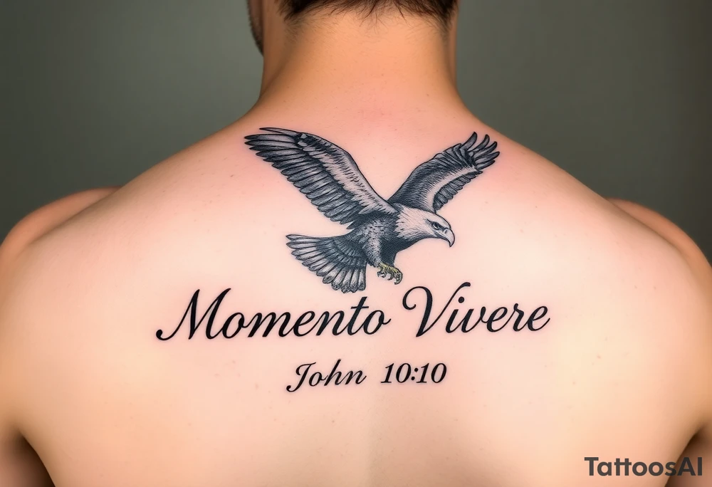 realistic eagle in flight, the words Momento Vivere and John 10:10 tattoo idea