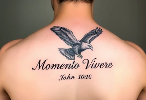 realistic eagle in flight, the words Momento Vivere and John 10:10 tattoo idea