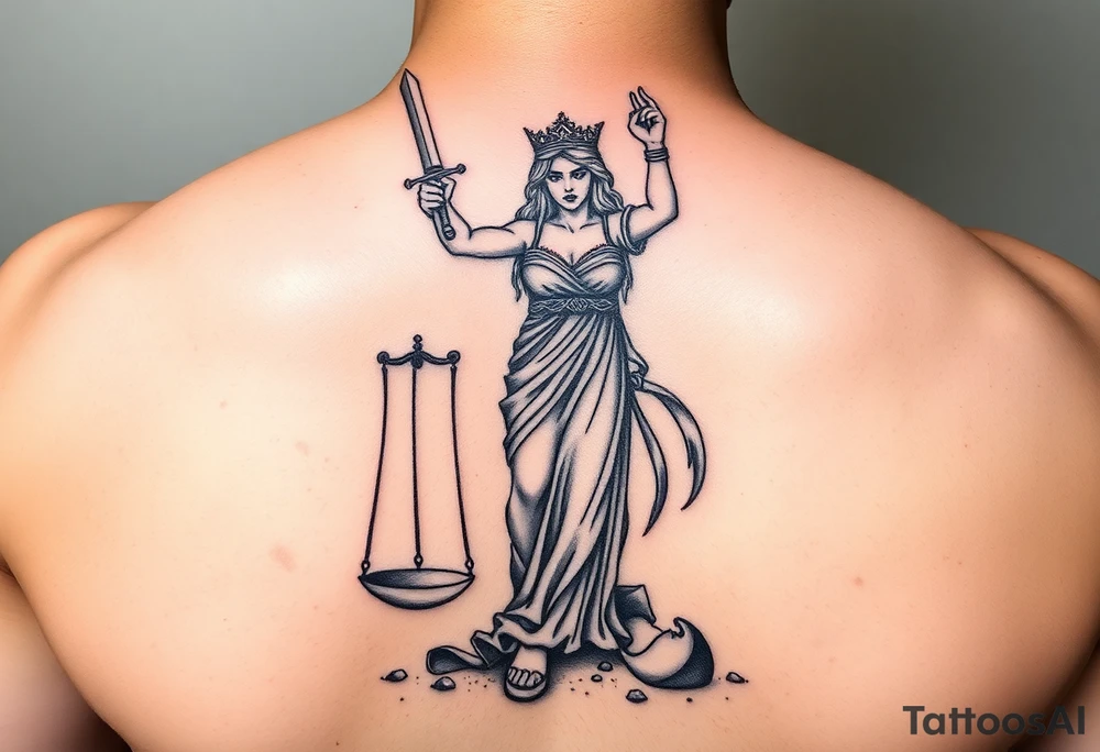 angry lady justice sword held high, broken scales under foot, sunlight shining on the darkness of injustice and corruption. ready to fight against the corruption of the system tattoo idea